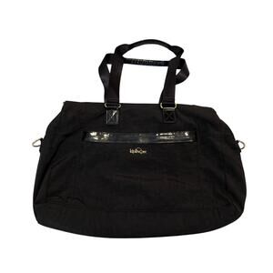 Kipling Tote Bag Womens Large Black Nylon Patent Trim Gold Hardware Multi Pocket